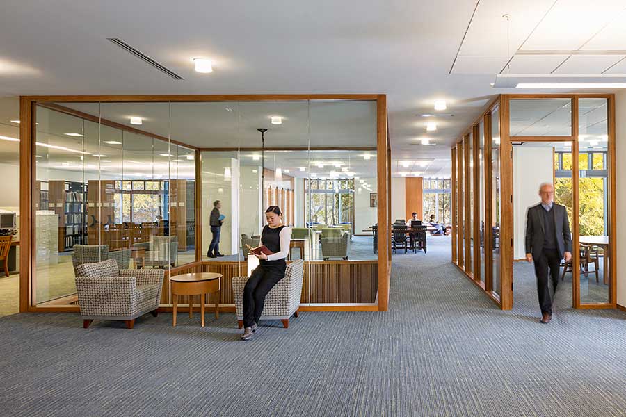 photo of Wright Library interior, soft seating, natural light, study space