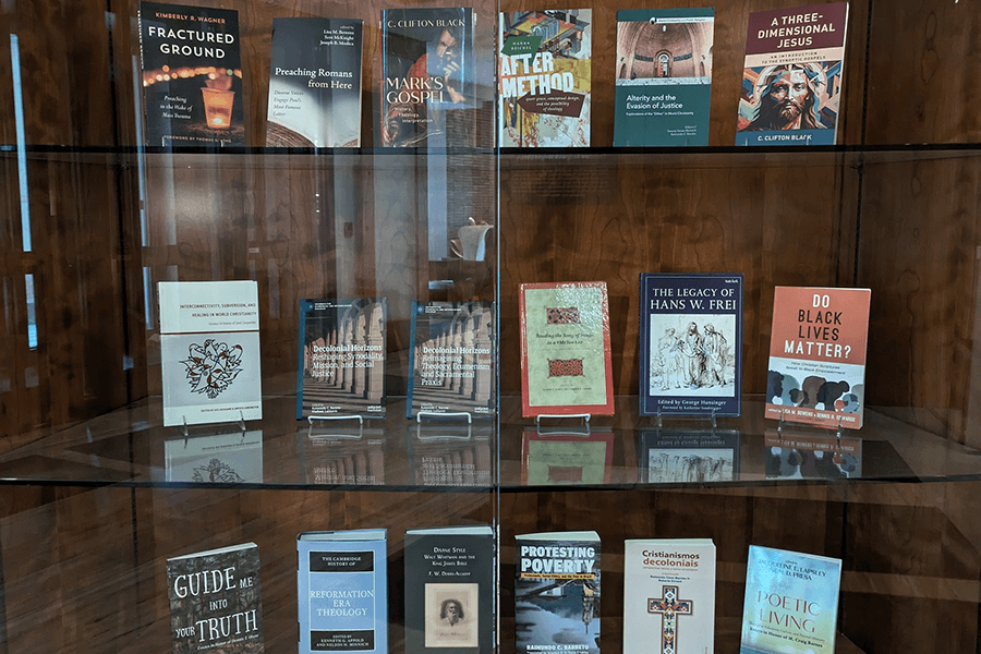 faculty books display in Wright Library showcases recently published books by Princeton Seminary faculty