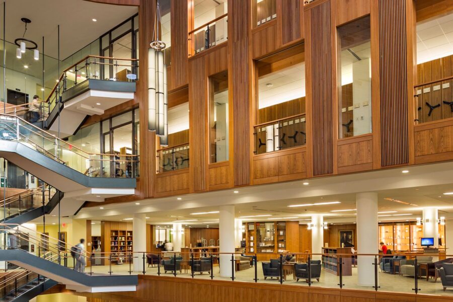 photo of Wright Library interior including stairs, elevator, seating, collections and lots of natural light