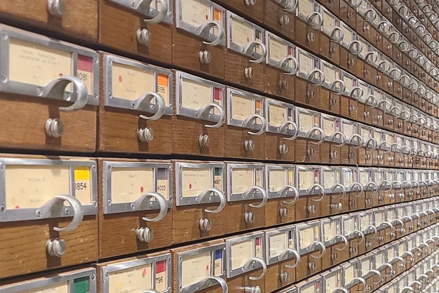 photo of old fashioned card catalog drawers
