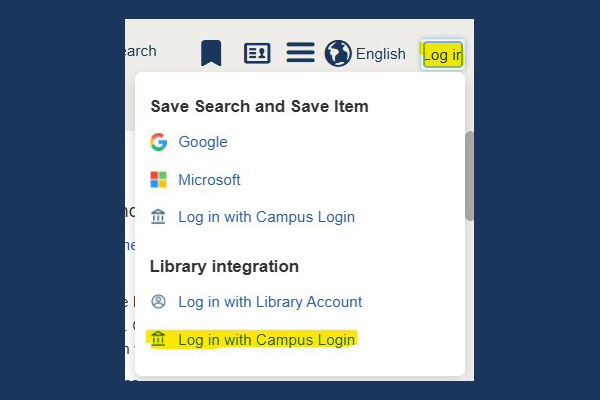 screen snip of log in options in the upper right corner of Summon; Log In and Campus Login are highlighted yellow