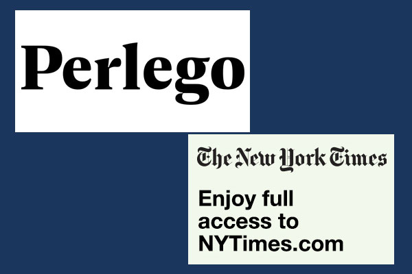 Perlego logo and a graphic about accessing the New York Times on a blue background