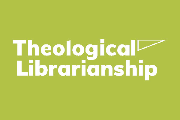 Theological Librarianship journal logo is white text and a triangle on a yellow green background