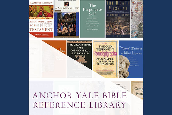 Bloomsbury graphic for Anchor Yale Bible Reference Library, which includes some book cover images and the name of the collection, on a blue background