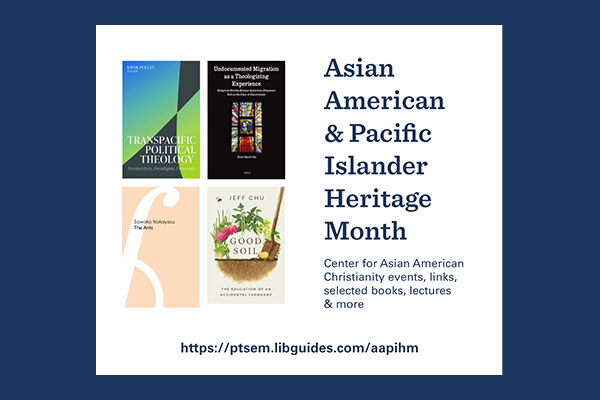 graphic promoting a curated bibliography for Asian American and Pacific Islander Heritage Month, includes book cover images from the bibliography