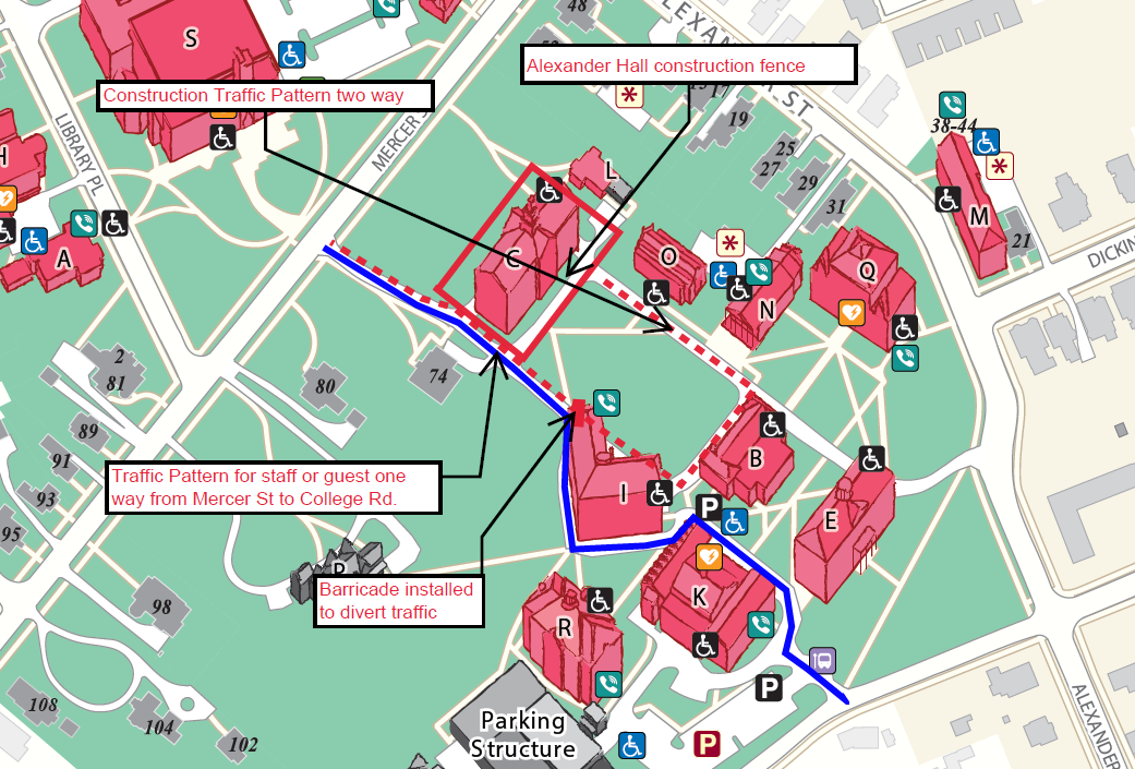 Map of Campus impact due to Alexander Hall construction