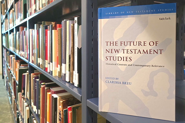 photo of the book The Future of New Testament Studies edited by Clarissa Breu on a shelf in Wright Library, Princeton Theological Seminary