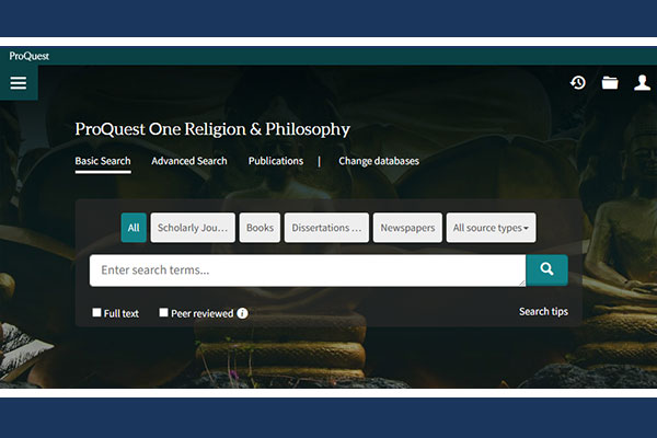 screen snip of the ProQuest One Religion & Philosophy landing page includes search tabs - Basic Search, Advanced Search, Publications, filters - All, Scholarly Journals, Books, Dissertations, Newspapers, a search box and two checkboxes - Full text, and Peer reviewed, as well as link to Search tips